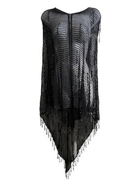 Colleen Lopez Black Sheer Beaded Pullover Poncho Missy One Size Bohemian Sparkle